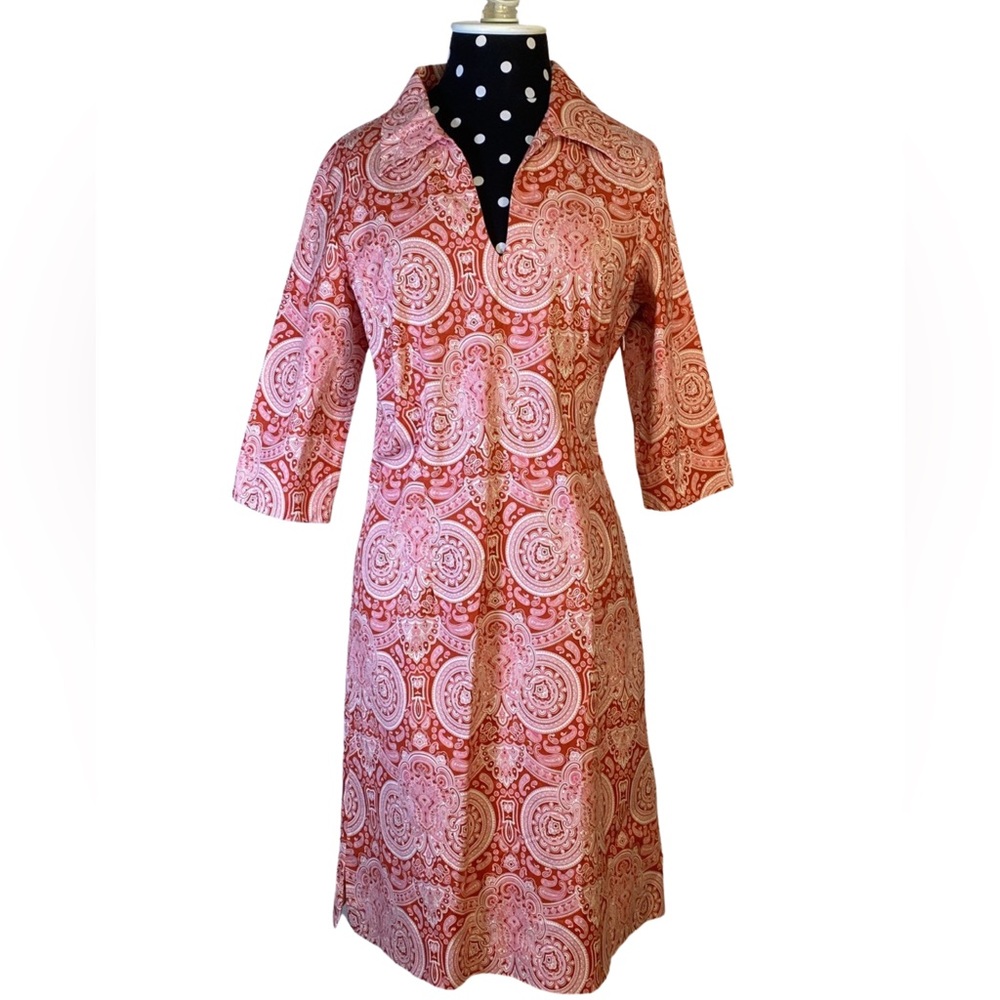 J McLaughlin Red Off White Geometric Print Shift Cotton Dress